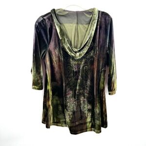 One World green brown velour full zip hoodie whimsygoth fairycore hobbitcore L